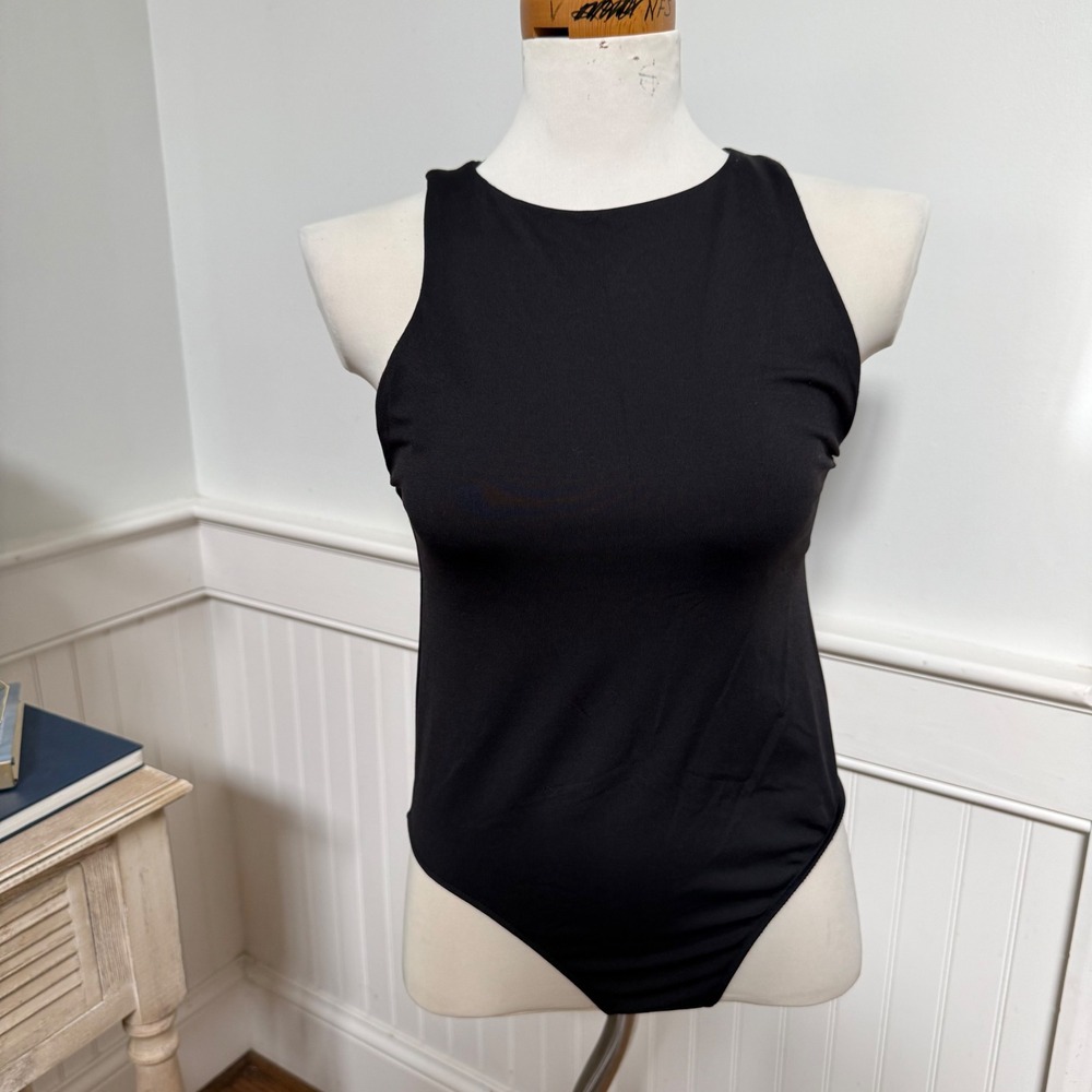 Zara Womens Black High Neck Racerback Bodysuit Sleeveless Size Large L Slim Fit